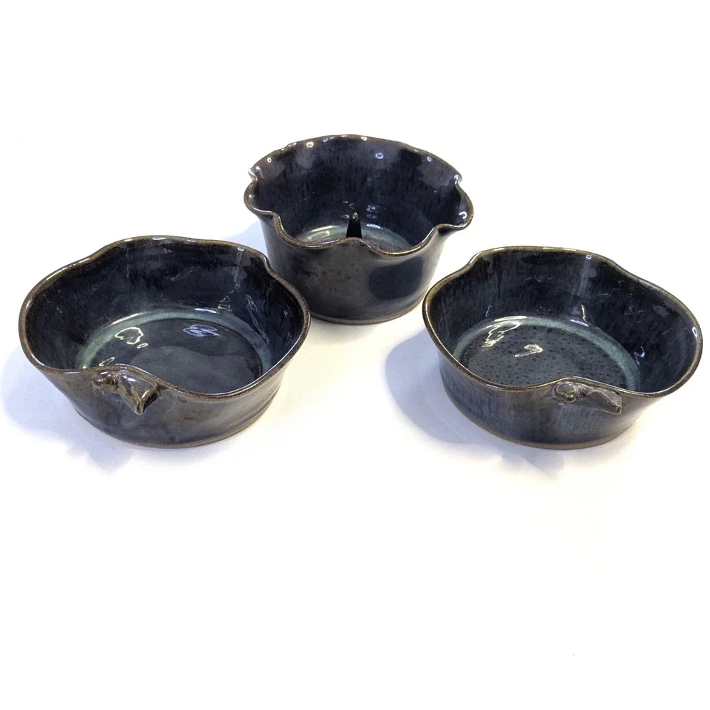 Sandra O'Quinn Studio Pottery Set 3 Apple Bowls & Baker Midnight Glaze Signed
